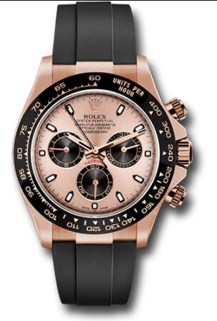 Replica Rolex Everose Gold Cosmograph Daytona 40 Watch 116515LN Pink Index Dial Black Oysterflex Strap